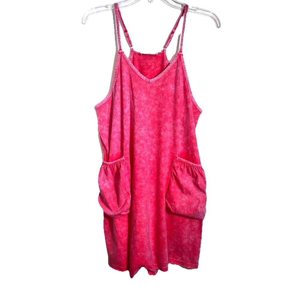 Zenana Pink Mineral Wash Cotton Romper V-Neck Adjustable Straps Pockets M